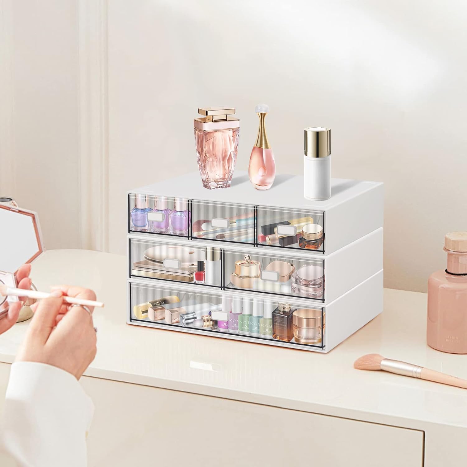 3 Tier Stackable Desk Organizer with 6 Drawers, YOCOMEY Plastic Desktop Storage Box Drawers, Detachable Makeup Storage Office Stationery Supplies Organizer for Office School(White)