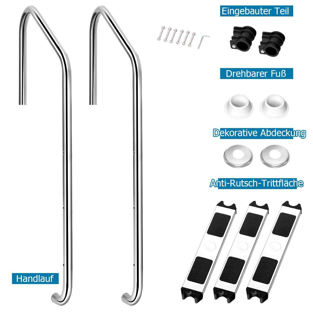 SOARS Poolleiter Edelstahl 3 Stufen, Pooltreppe mit Handlauf & rutschfesten Stufen, Schwimmbadleiter bis 150 kg belastbar, Einstiegsleiter, Einbauleiter, 53 x 63 x 147 cm