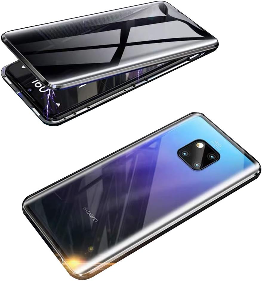 SiGrid Case for Huawei Mate 20 Pro, Anti-Peep Magnetic Phone Case Metal Frame Glass Double Side Case Anti-Peeping Full Screen HD Clear Back Pravicy Cover Shockproof 360 Magnet Case, Black
