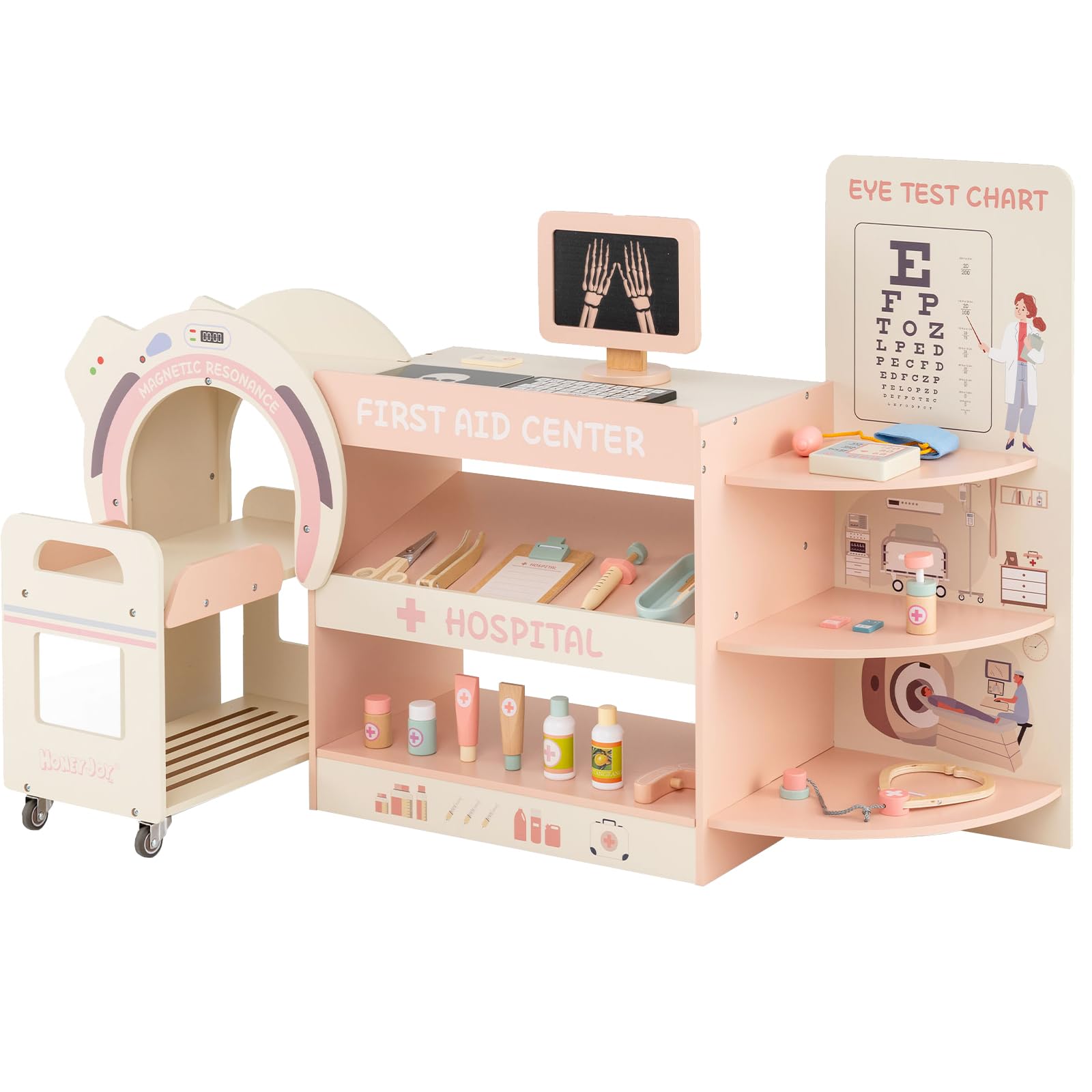 DREAMADE Arztspielset für Kinder, Krankenhaus aus Holz mit Sehtest, CT-Spielgerät & Röntgenapparat, Arzt Rollenspielzeug mit 20 Zubehörteilen für Kinder ab 3 Jahren (Rosa)