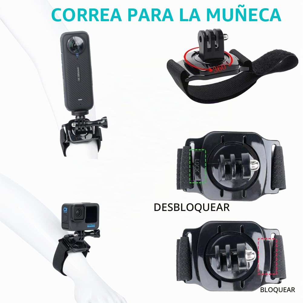 10 en 1 Kit Accesorios Camara Deportiva para Insta360 X5/X4/X3/Ace Pro,Soporte movil Pecho,Correa para la Cabeza y muñeca,Mochila Clip y Soporte Flotante Compatible con GoPro Hero,Negro