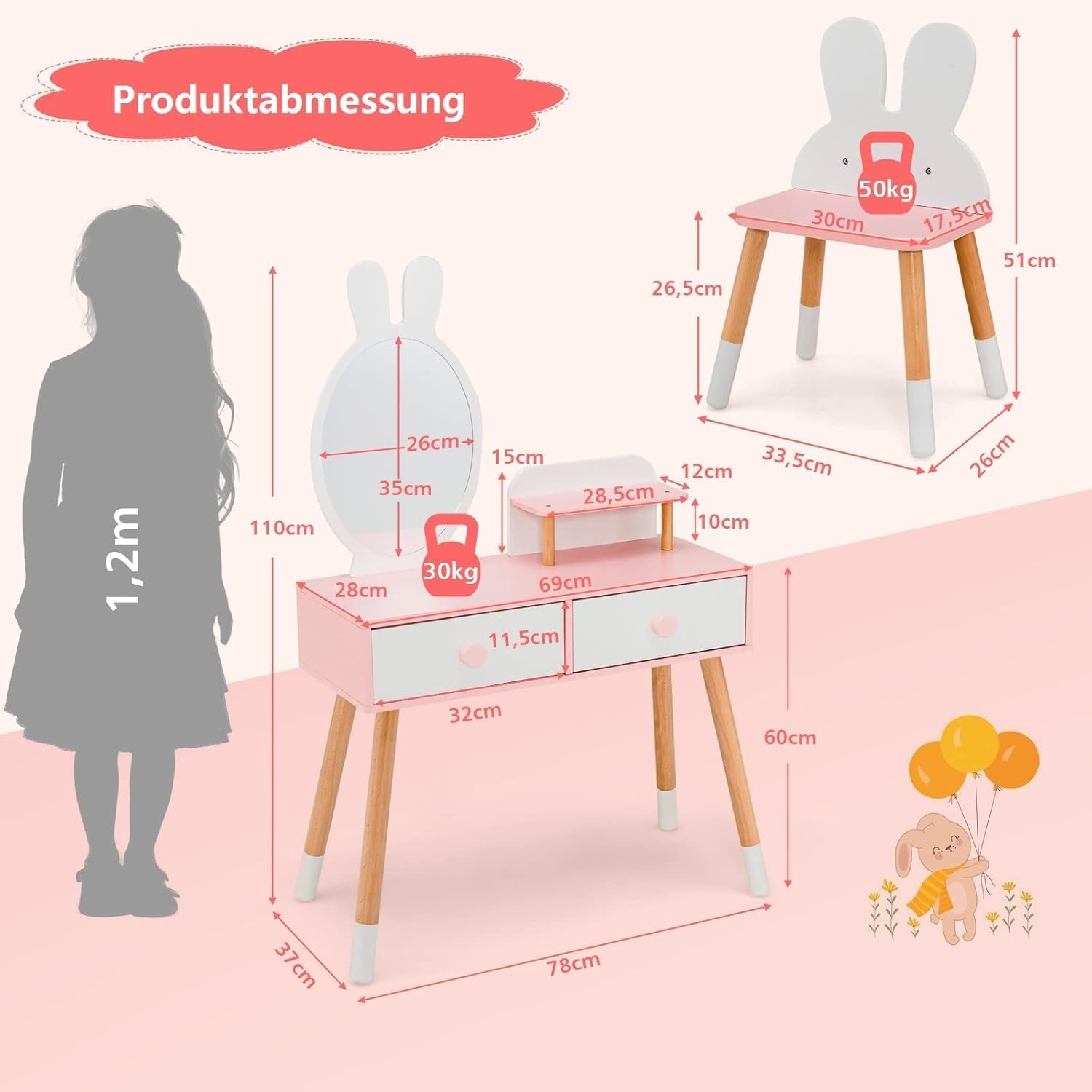 2 in 1 Kids Dressing Table Set White Girls Dressing Table with Mirror, 2 Drawers & Shelf, Rabbit Makeup Set for Girls