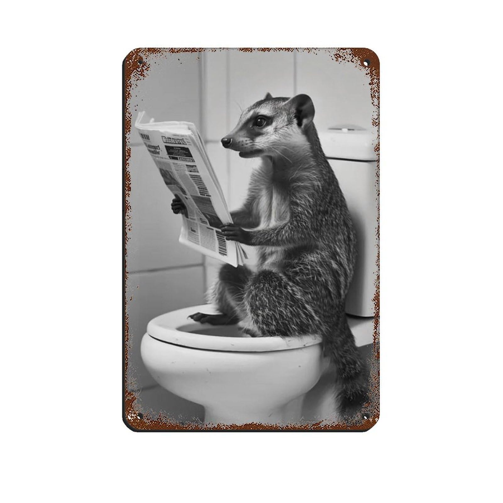 Lxwnze 20L X 30W Cm Mongoose Sitting On The Toilet Reading A Newspaper Retro Poster Metal Tin Sign Chic Art Retro Iron Painting Bar People Cave Cafe Family Garage Poster Wall Decoration 8X12inch(20X30cm)
