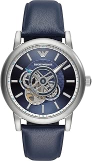 ساعة يد انالوج بعقارب وسوار جلد وميناء بلون ازرق للرجال من امبوريو ارماني - موديل AR60011 (لون الهيكل فضي)