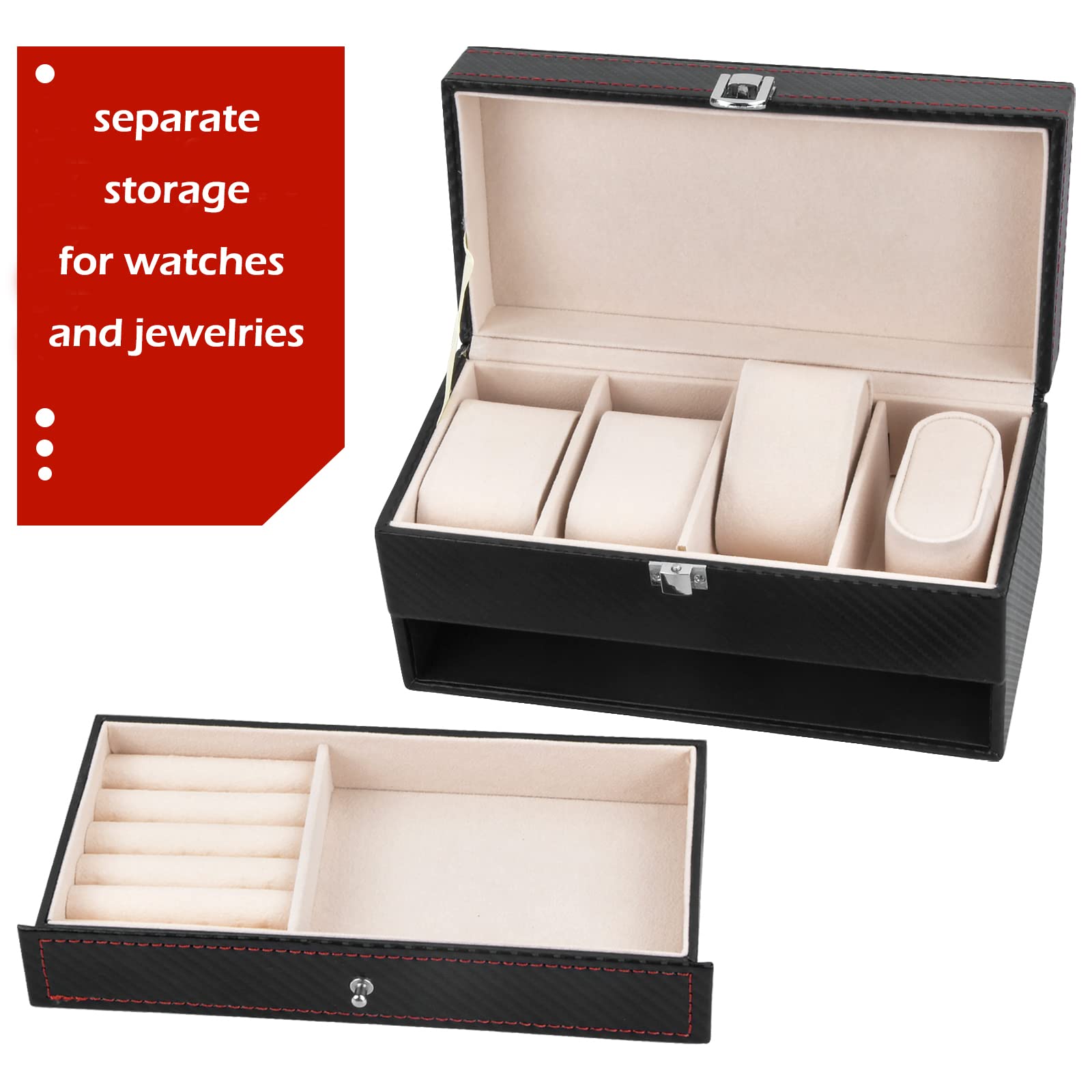 Scatola Porta Orologi per Uomo e Donna - Cofanetto 4 Posti Watch Box - Custodia e Immagazzinaggio di Gioielli, Nero