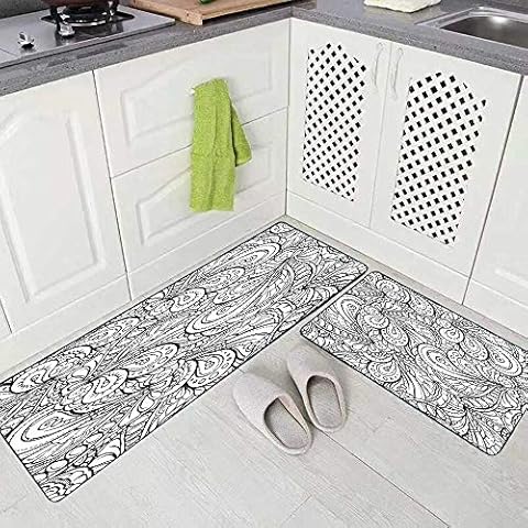 Sertiony 2 Pieces Rug Area Rug Kitchen Modern Kitchen Rug Black White Elements Pattern 17"X48"+17"X24" Kitchen Rugs Non Skid Washable Cover