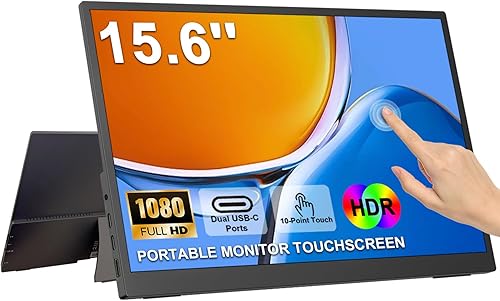 IBW Monitor portátil de 15.6 pulgadas, monitor de viaje FHD IPS de 1080P con vidrio templado, táctil de 10 puntos, altavoces duales y soporte,