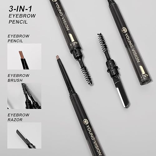 Miniatura 4 de YOUNG VISION Lápiz de cejas 3 en 1, bolígrafo para cejas y trío de brochas, micro fino + definido para cejas, fácil de usar, de larga duración y