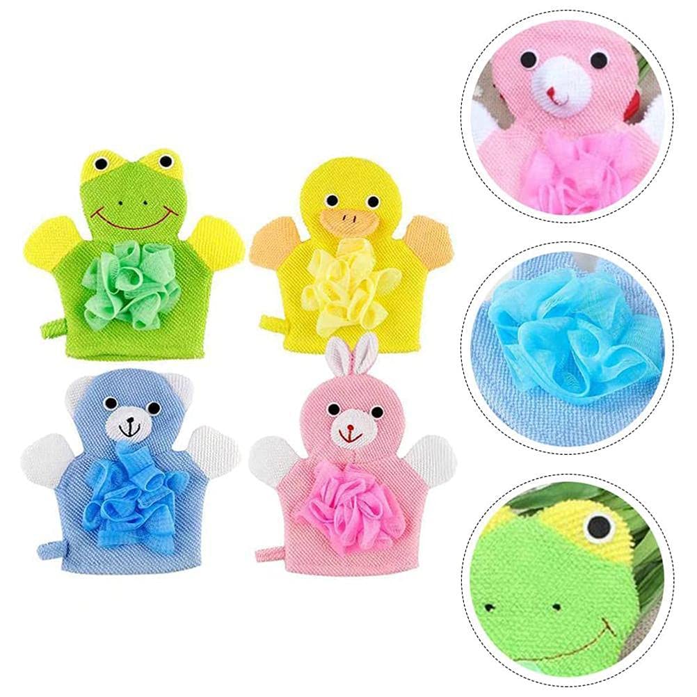 4Pcs Cute Baby Kids Bath Sponge, Mitt,Cartoon Exfoliating Gloves Baby Kids Shower Gloves Scrubbing Gloves Bath Mitts for Babies