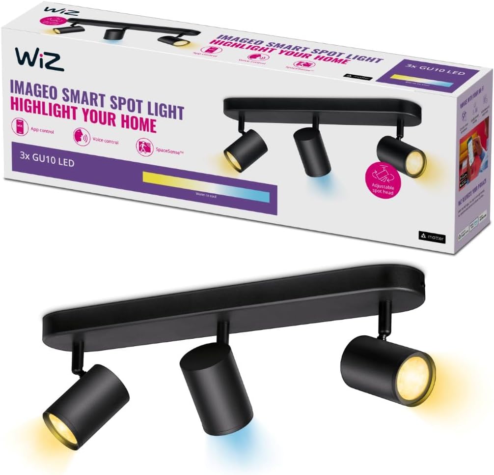 WiZ Tunable White Imageo Smart Connected WiFi Ceiling Light Spot Fixture. [3 Spot – Black] App Control for Indoor Home Lighting, Livingroom and Bedroom