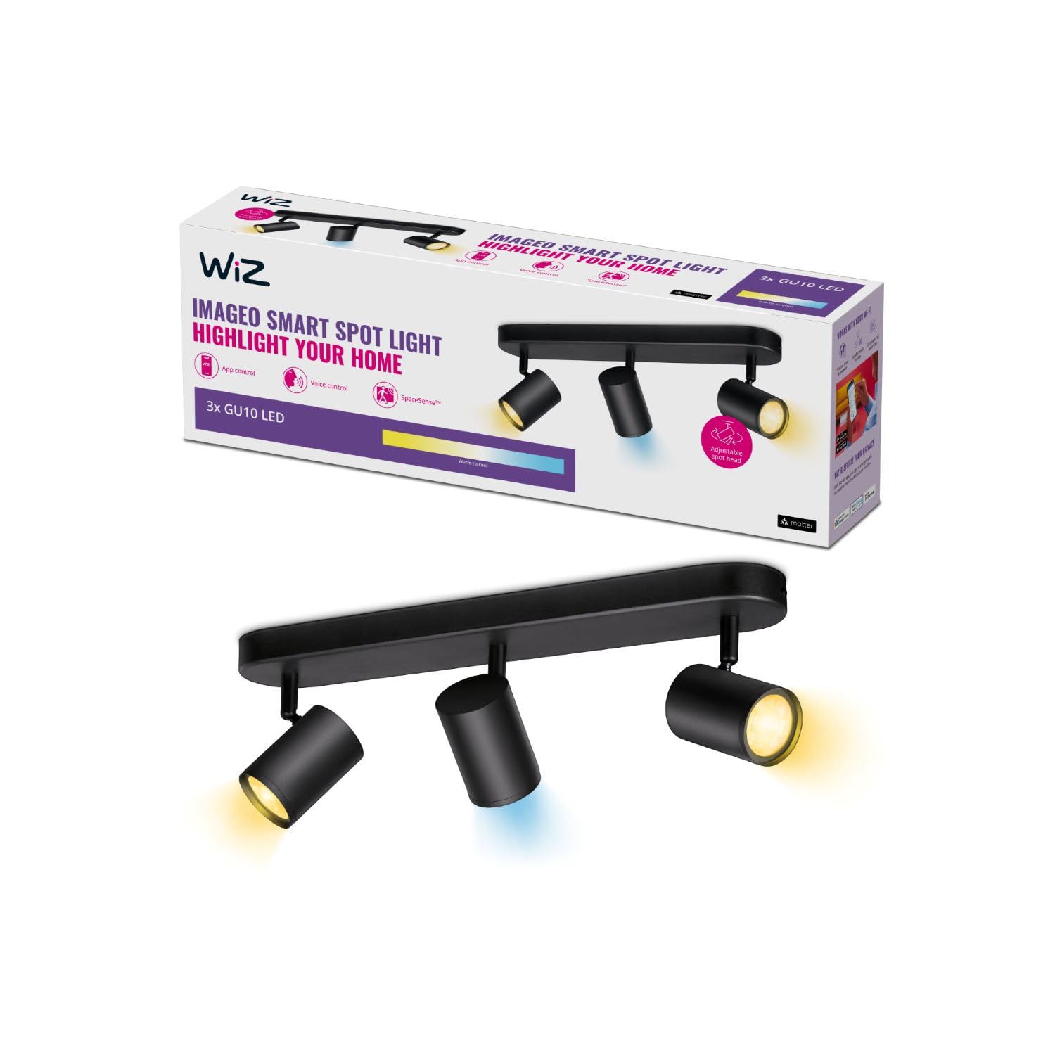 WiZ Tunable White Imageo Smart Connected WiFi Ceiling Light Spot Fixture. [3 Spot - Black] App Control for Indoor Home Lighting, Livingroom and Bedroom [Energy Class G]