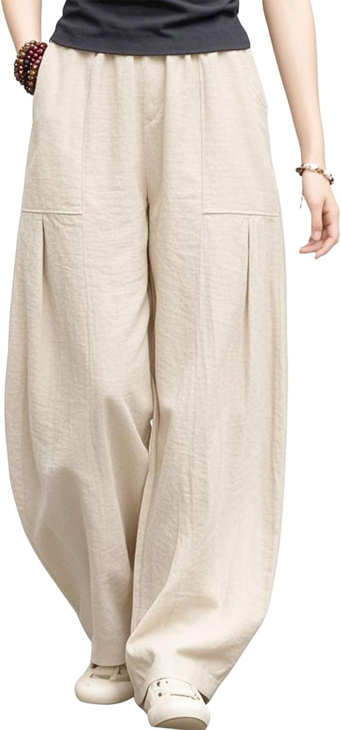 IXIMO Women's Linen Wide Leg Pants Casual Elastic Waist Loose Lantern Trousers Front Pockets