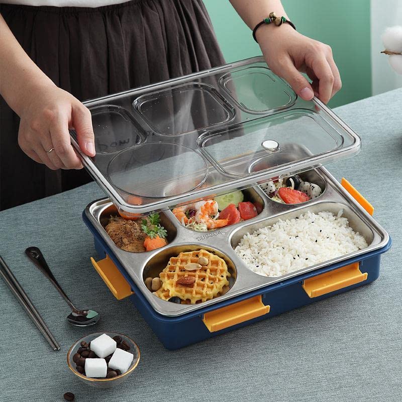 Image of Mayatra's Stainless Steel Lunch Box for Adults & Kids | 4 Compartment Airtight Tiffin Box with Lids | Leakproof Food Storage Container with Spoon & Fork | Keep Foods Separated | Multicolor (LB-8877)