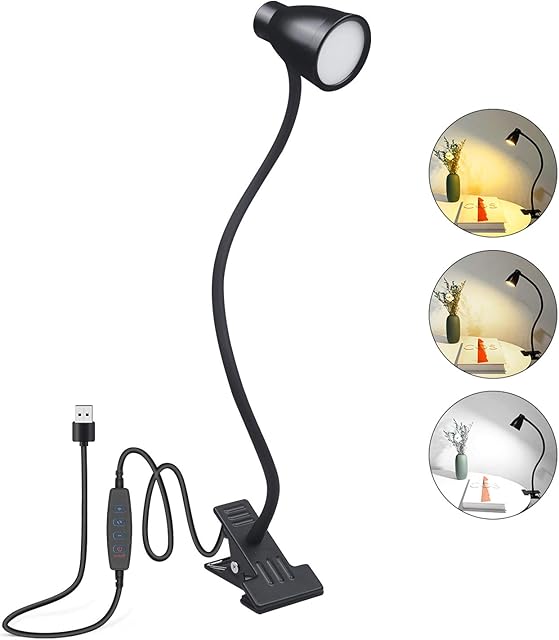 DoRight Dimmable LED Reading Lamp Clamp, 3W Eye Protection LED Clip On Desk Lamp with USB, 3 Color & 9 Brightness Flexible Table Light for Office Beside Table, Book Lights, Bedroom, Headboard (1-Pack)