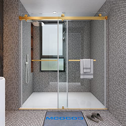 Mcocod Frameless Shower Doors 56''-60" W X 76" H Double Sliding Width Adjustable 3/8"(10Mm) Clear Tempered Sgcc Shatterproof Glass Stainless Steel Hardware 2 Ways Opening Enclosure, Ds01- Gold #TOP30