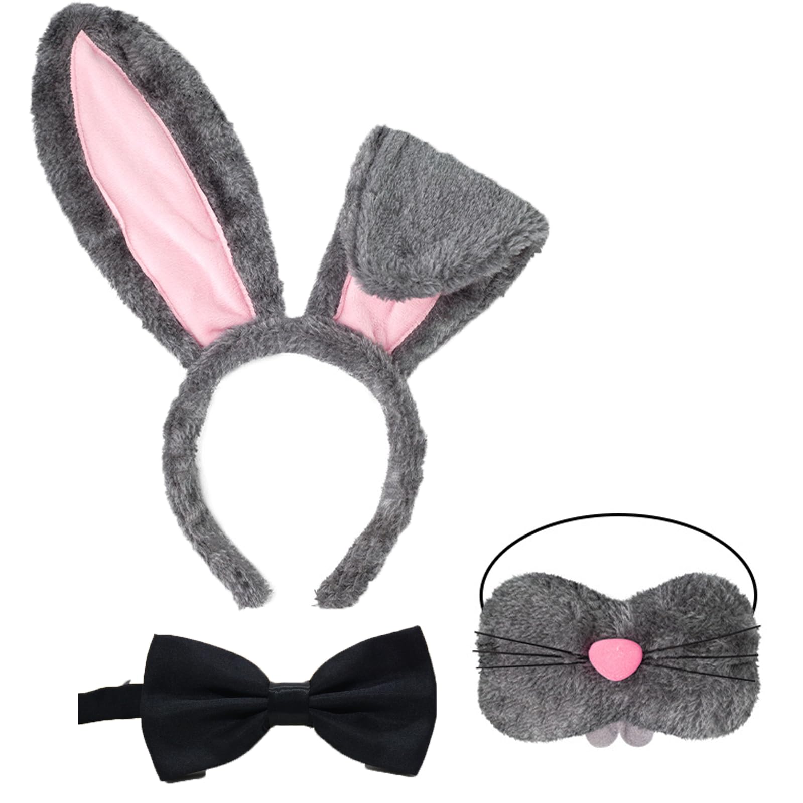 PANMAY 3PCS Bunny Costume Set Animal Fancy Dress Rabbit Ears Headband Bow Nose Adults Halloween Cosplay Party Dress up Accessories，Grey