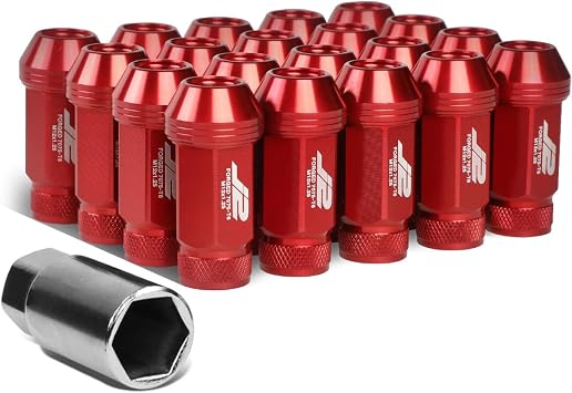 J2 Engineering 20Pcs M12 x 1.25 7075-T6 Aluminum 50mm Open-End Lug Nut w/Socket Adapter Red