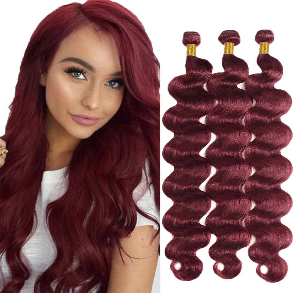 #99J Burgundy Bundles Human Hair Body Wave Bundles 30 32 34 Inch Wine Red Unprocessed Brazilian Virgin Hair 3 Bundles Deals Quick Weave Hair Extensions 50 Gram Per Bundle