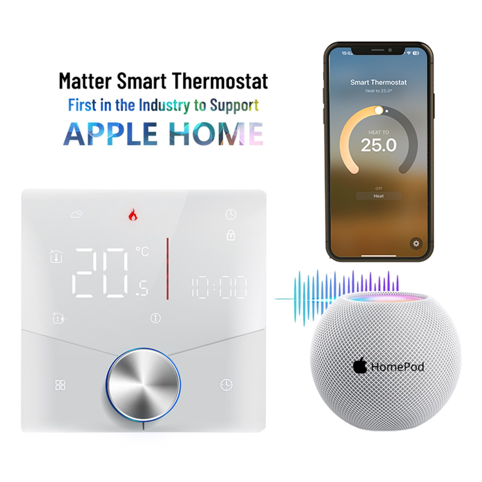 Matter Termostato Intelligente per Caldaia Gas/Acqua Individuale Riscaldamento funziona con Alexa Google Home Homekit Apple Home, Contatto Secco 5A 95~240V AC
