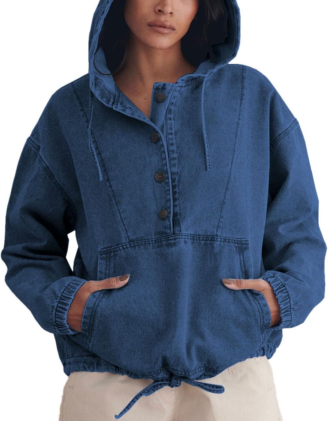 Women's Denim Hoodie Button Down Pullover Jacket Jean Sweatshirt Tops - Image 2