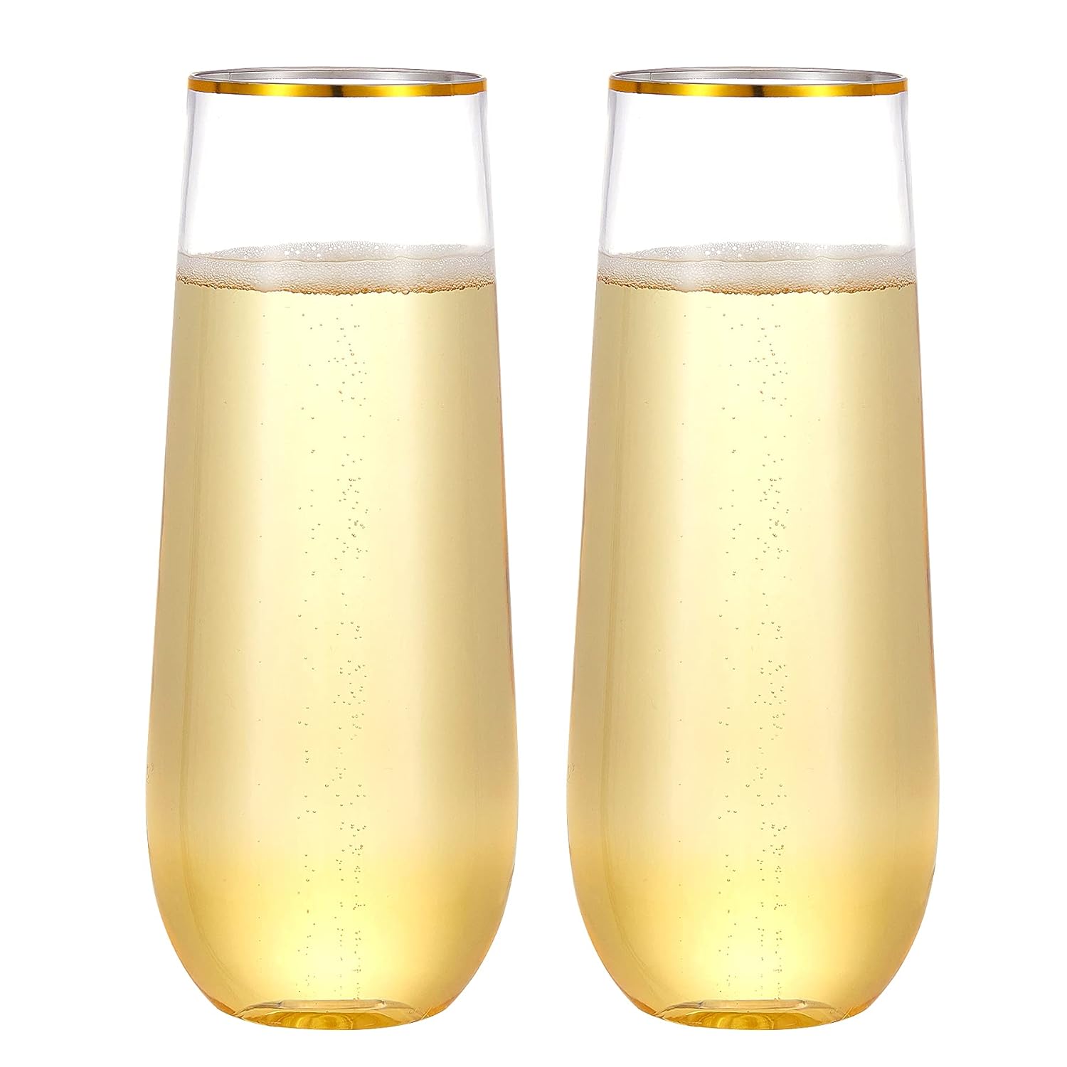 N9R 24PCS Plastic Champagne Flutes 9 Oz Stemless Disposable Gold Rim Toasting Glasses Crystal Clear Cocktail Cups Drinkware
