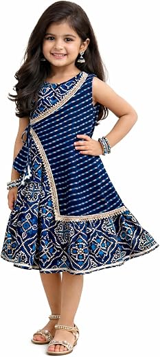 The Magic Wand Kids Girls Woven Printed Tiered Dress Ethnic Festive Party Knee Length Stylish One Piece Midi Fit & Flare F...
