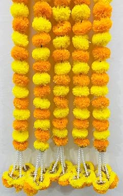 SPHINX Artificial Marigold Fluffy Flowers with Gota and Off-White Pearls/Beads Garlands/Strings for Festive Pooja Wedding Housewarming Decorations Approx. 4.75ft (Yellow and Light Orange)