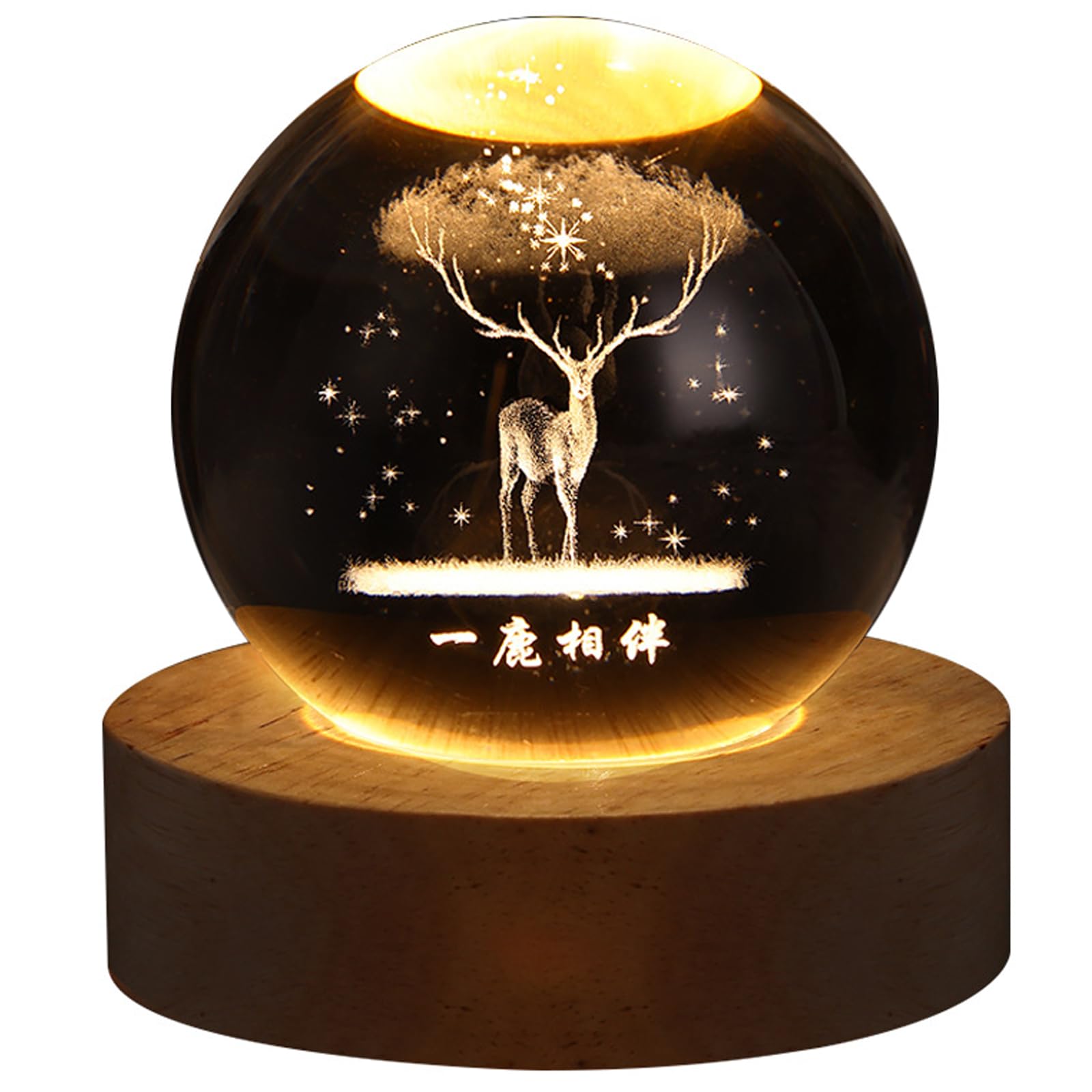 Veilleuse Boule De Cristal 3D Trèfle à 4 Feuilles - Base En Bois Avec LED, Lumière Chaude 3000K - Décoration Et Cadeau