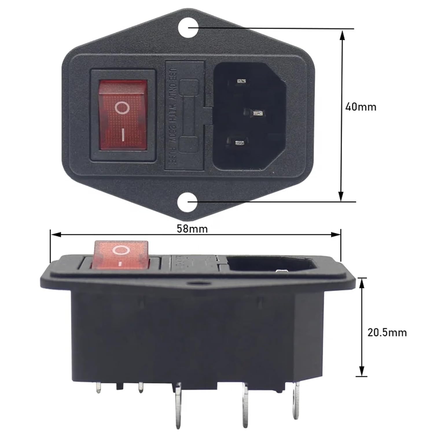 IEC320 C14 Electrical AC Socket 4 pin red LED 250V Rocker Switch 10A Fuse Female Male Inlet Plug Connector Mount(DB-14-F5-D RS601RB)