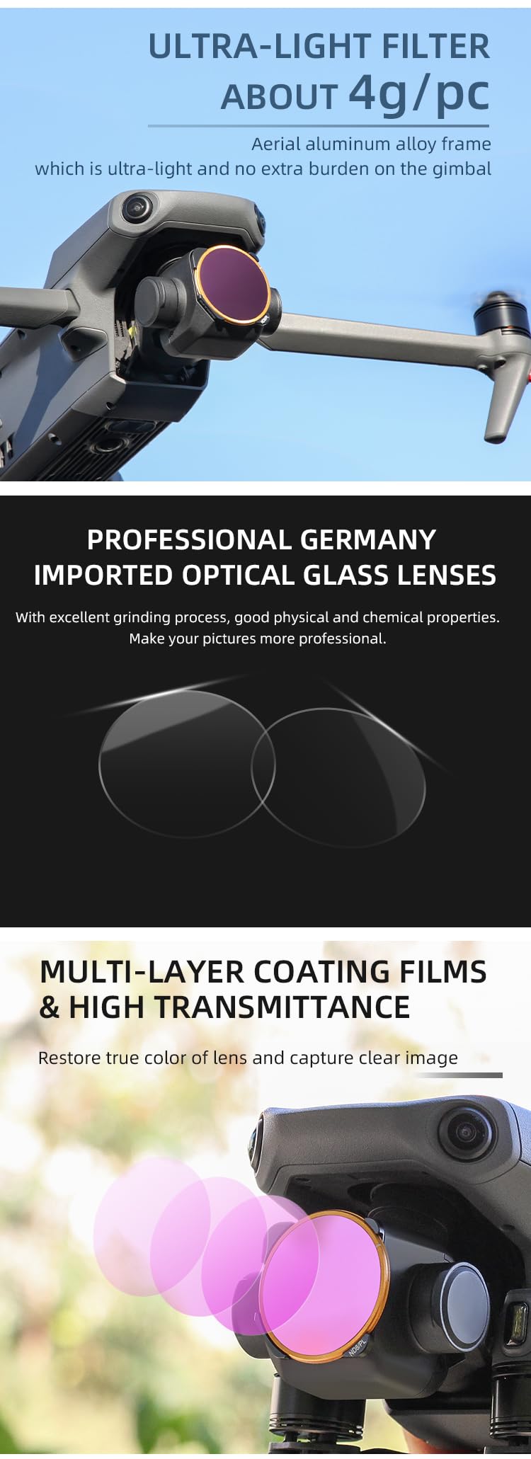 ND Filter Compatible with DJI Mavic 3, CPL ND4 ND8 ND16 ND32 MCUV Neutral Density Filters for Mavic 3 Cine (4 Pack- ND4, ND8 - Image 4