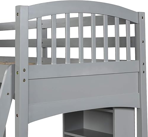 Miniatura 7 de Tensun Cama tipo loft con escritorio y estantes, marco de cama de madera tamaño individual con guarail para jóvenes, no necesita somier, gris
