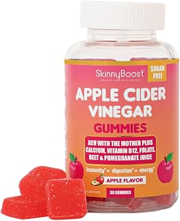 SkinnyBoost Sugar Free Apple Cider Vinegar Gummies-30 ct-Made with The Mother Plus B Vitamins, Calcium, Magnesium, Folate, Pomegrante and Beet Juice, All Natural, Made in The USA