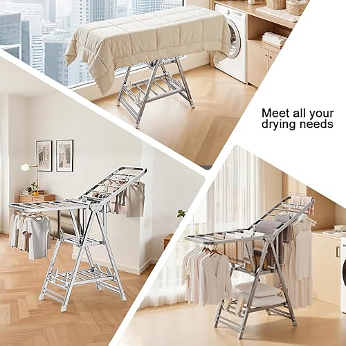 Miniatura 7 de MIKEE Tendedero de Ropa, Tendedero de Lavandería Plegable de Acero Inoxidable con Alas Ajustables en Altura, Perchero con Zapatero, Agujeros