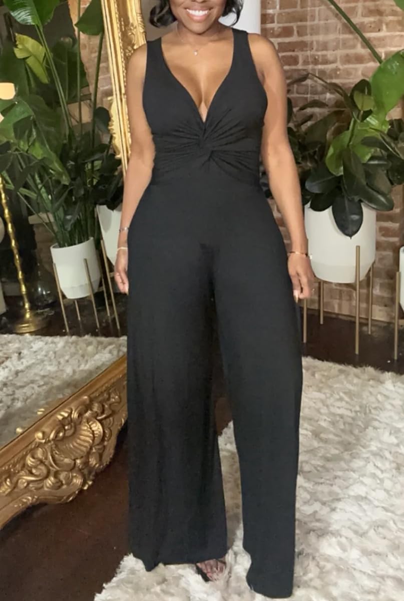 Jumpsuits for Women Casual Strapless Strap Sexy V Neck Ruched High Waist Wide Leg Overalls with Pockets - Image 5