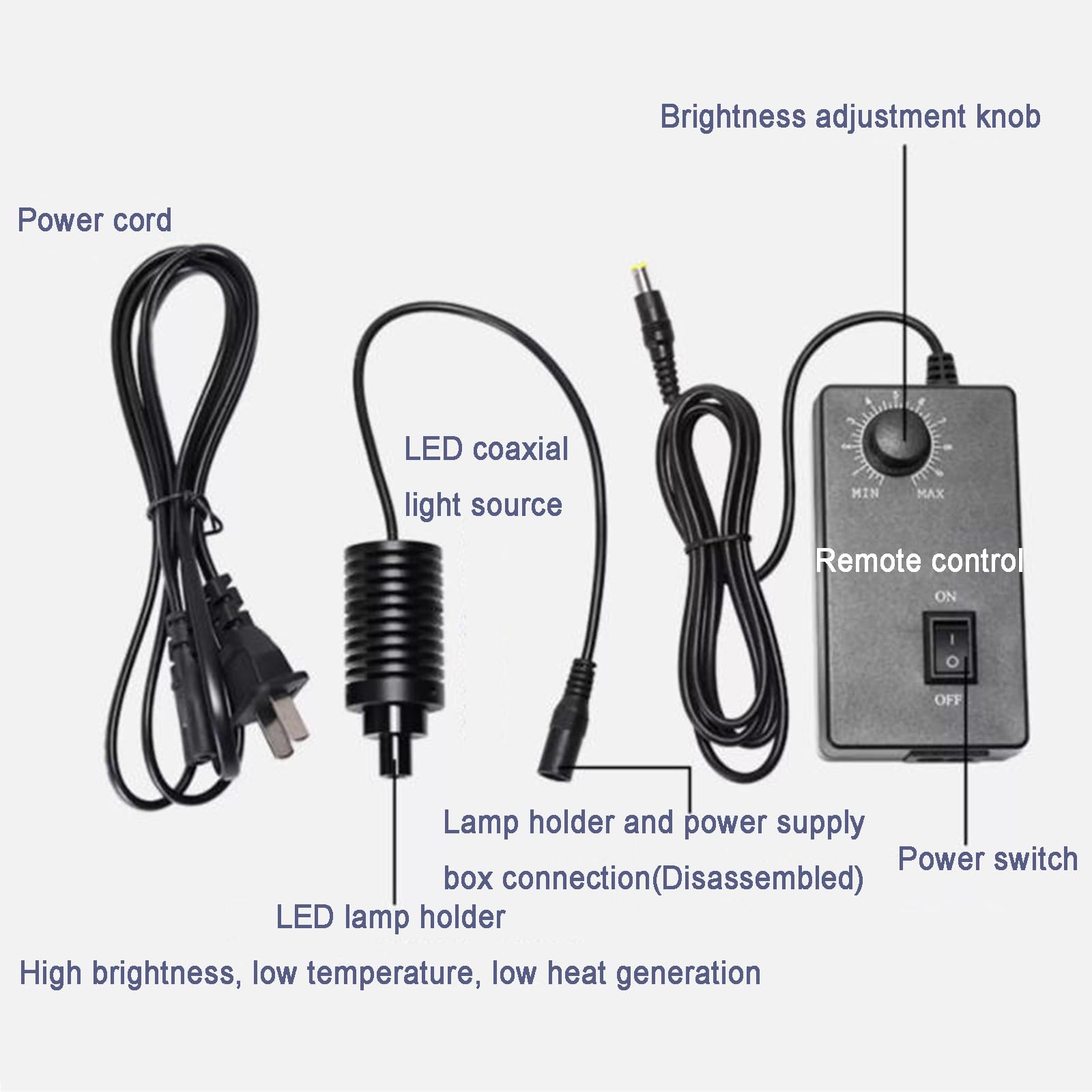 Lámpara LED para microscopio, brillo ajustable, sin efectos estroboscópicos, iluminador para microscopio estéreo y cámara industrial, fuente de luz de punto coaxial
