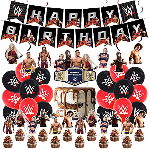 WwParty Supplies,Wwe Boxing Match Birthday Party Supplies,Wrestling Party Supplies Birthday Decorations Boxing Party Including Birthday Banner Balloon Cake Sign