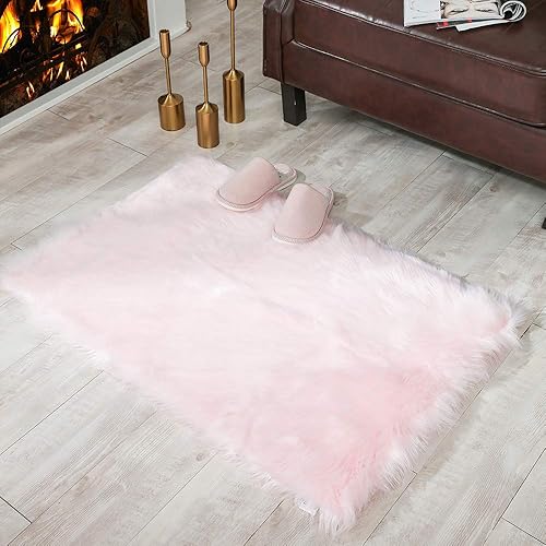 Carvapet Fluffy Shaggy Soft Faux Sheepskin Fur Area Rugs Floor Mat Chair Sofa Cover Beside Carpet for Bedroom Living Room, 2ft x 3ft, Pink