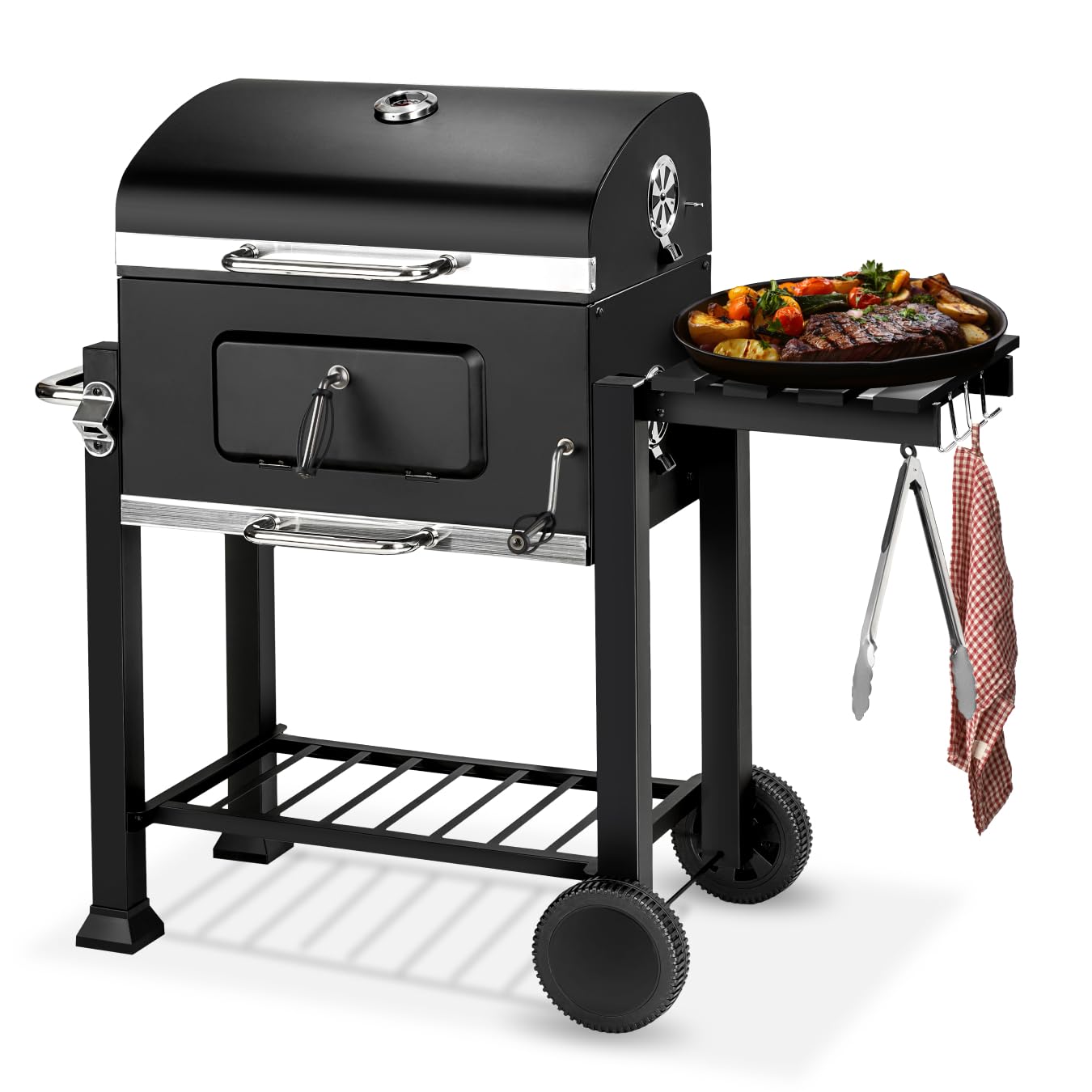 tectake® Barbecue & Grill XL with Integrated Thermometer, Lid, Folding Shelf, Bottle Opener & Warming Rack - Portable, Outdoor BBQ for Home, Garden & Camping - Stainless Steel & Chrome - Deluxe