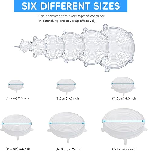 Miniatura 9 de 6 tapas elásticas de silicona reutilizables para almacenamiento de alimentos en el refrigerador, cubierta de microondas de vidrio para alimentos,