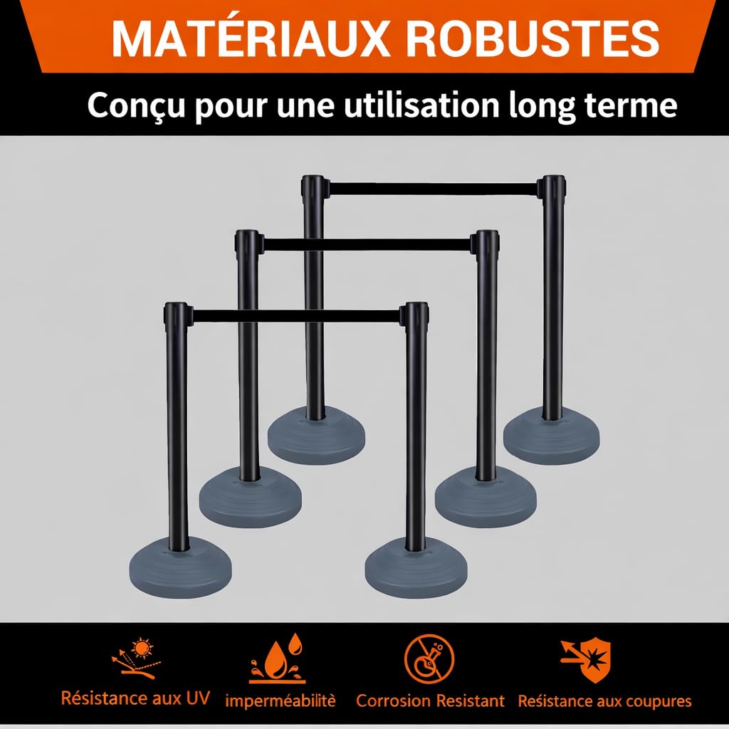 Set de 6 poteaux à Sangle rétractable, Poteau de barrière, Ceintures rétractables de 305 cm, Barrière de sécurité pour la Gestion de la Foule