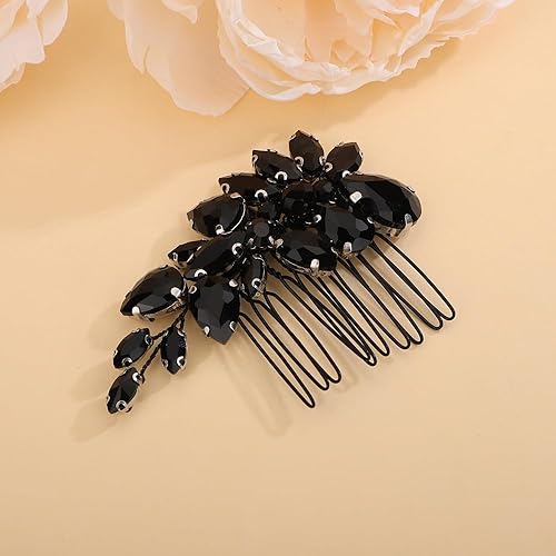 Miniatura 3 de Teyglen Peine de pelo de boda con diamantes de imitación de cristal negro, pieza de pelo de novia de cristal negro, peine de pelo de boda con