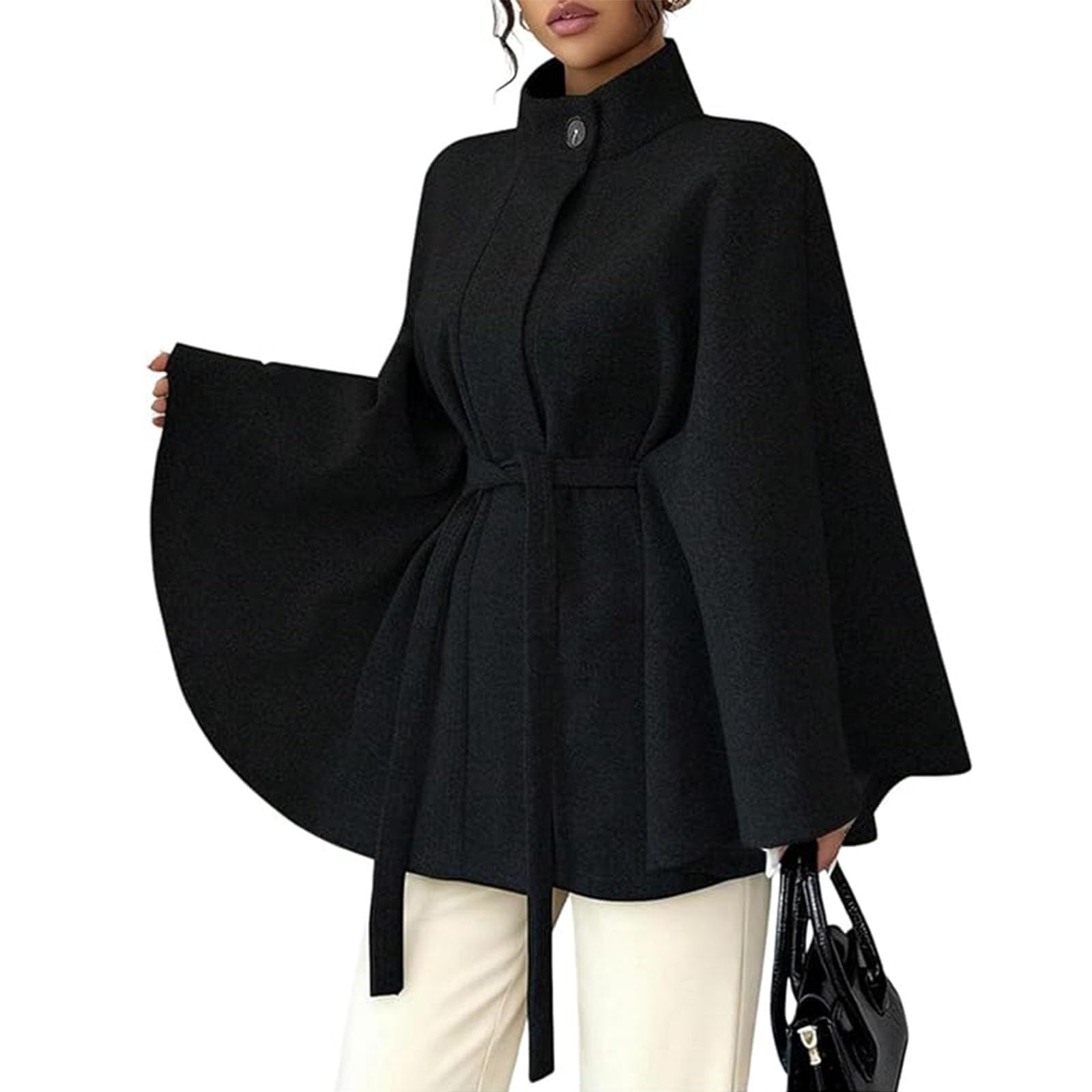 Yhtrfdmsg Women's Black Dolman Sleeve Cape Coat Jackets, Fashion Belted Ponchos Pea Coat Oversizeds Cloak Trendy Elegant Leisure Dressy Outerwear (,Xl)