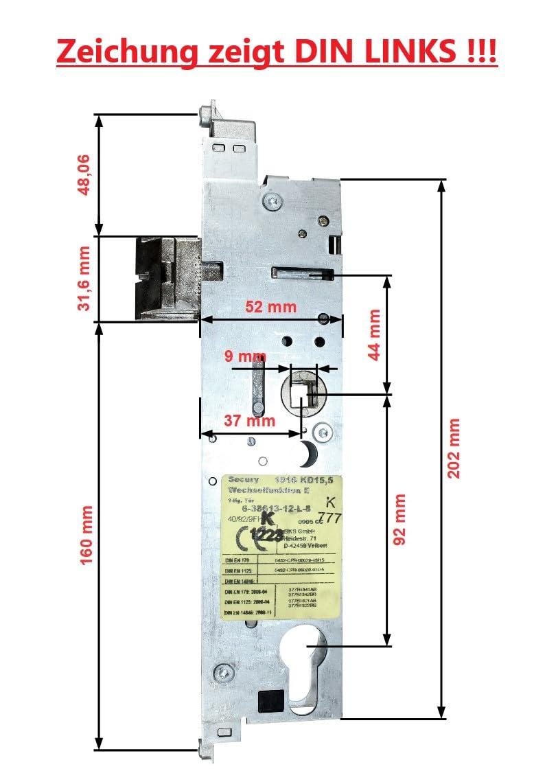 BKS Secury Automatic Reparatur Schlosskasten Hauptschloss 6-34328-40-0-1 oder 6-38613 mit Panikfunktion E, Dornmaß: 40mm (37mm) / Entfernung: 92mm (DIN LINKS)