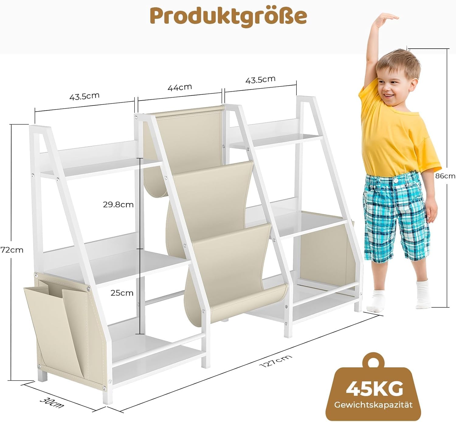 Bücherregal Kinder Mit 6 Fächern und 3 Ablagen | Spielzeugregal in Weiß | 127x72 cm Großes Bücherregal Kinderzimmer zur Aufbewahrung von Bilderbüchern & Spielzeug | Aufbewahrungsregal für Kleinkinder