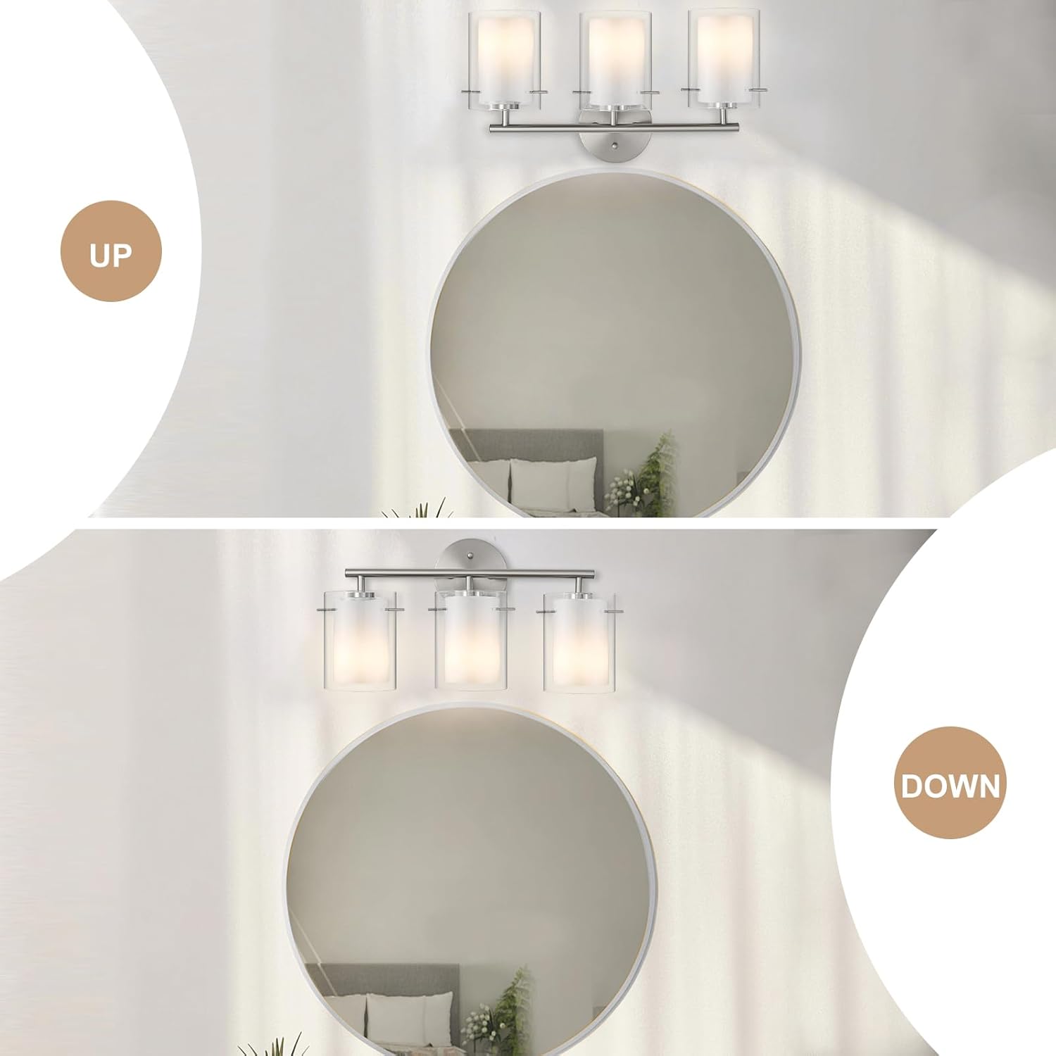 Brushed Nickel Bathroom Light Fixtures Over Mirror, 3-Light 20-Inch Vanity Lights with Dual Glass Shades, Eye-Friendly Modern Vanity Lights for Bathroom Bedroom Living Room Hallway