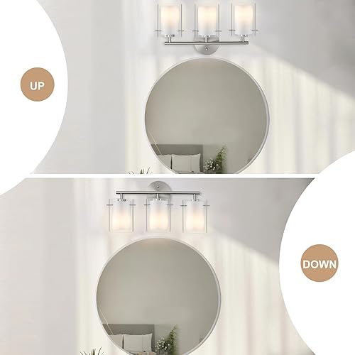 Miniatura 7 de Lámparas de baño de níquel cepillado sobre el espejo, 3 luces de tocador de 20 pulgadas con dos pantallas de vidrio, luces de tocador modernas