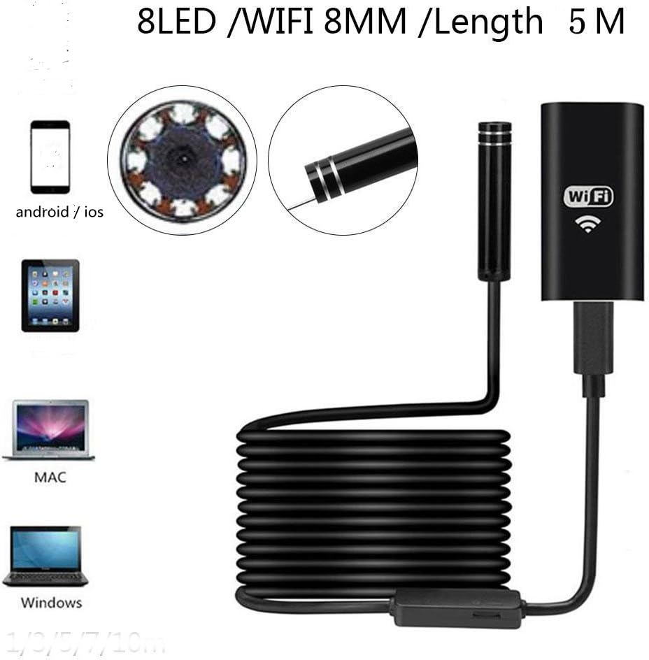 Wireless Endoscope, 8mm Digital Wifi USB Borescope Inspection Camera 2.0 Megapixels CMOS HD IP67 Waterproof Snake Camera with 8 Adjustable Led Light - 16.4ft 5M