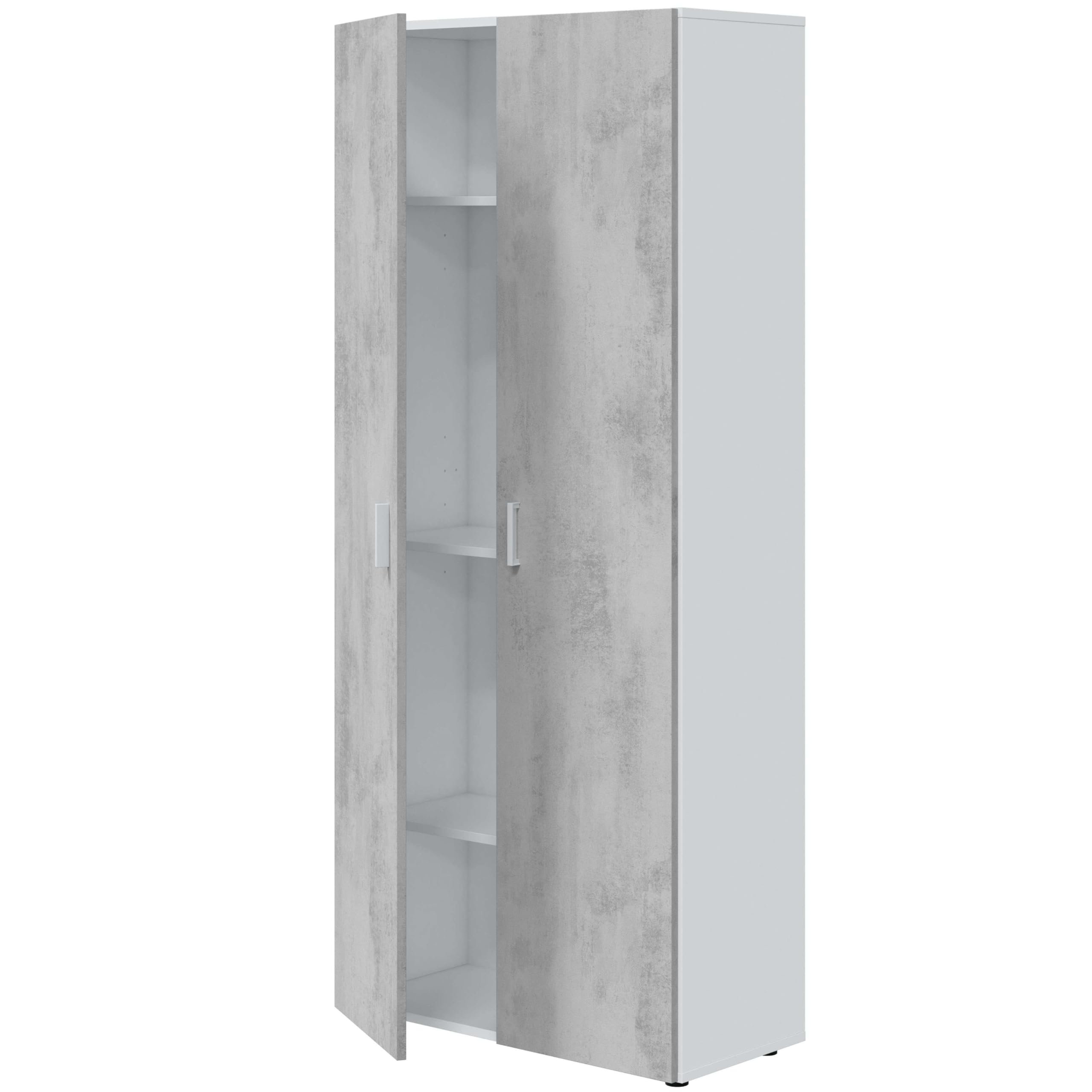 Habitdesign Armoire multifonction 2 portes et 3 étagères, 182 x 80 x 37 cm (H x l x P) Blanc « Artik » et gris ciment