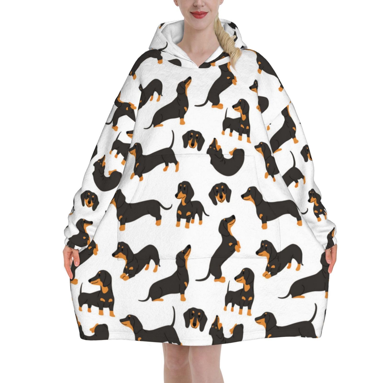 Yxdvpalne Unisex As Picture Cartoon Dachshund Oversized Women's Wearable Blanket Hoodie, Flannel Pullover Blanket, Blanket Sweatshirt