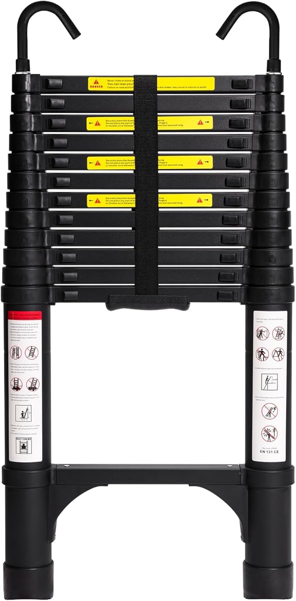 BOCOM 12.5 FT Aluminum Telescoping Ladder with Hooks, Lightweight Multi-Purpose Collapsible Extension with 2 Triangle Stabilizers, Heavy Duty 330 lbs Max Capacity for Home, RV, and Outdoor Work Black